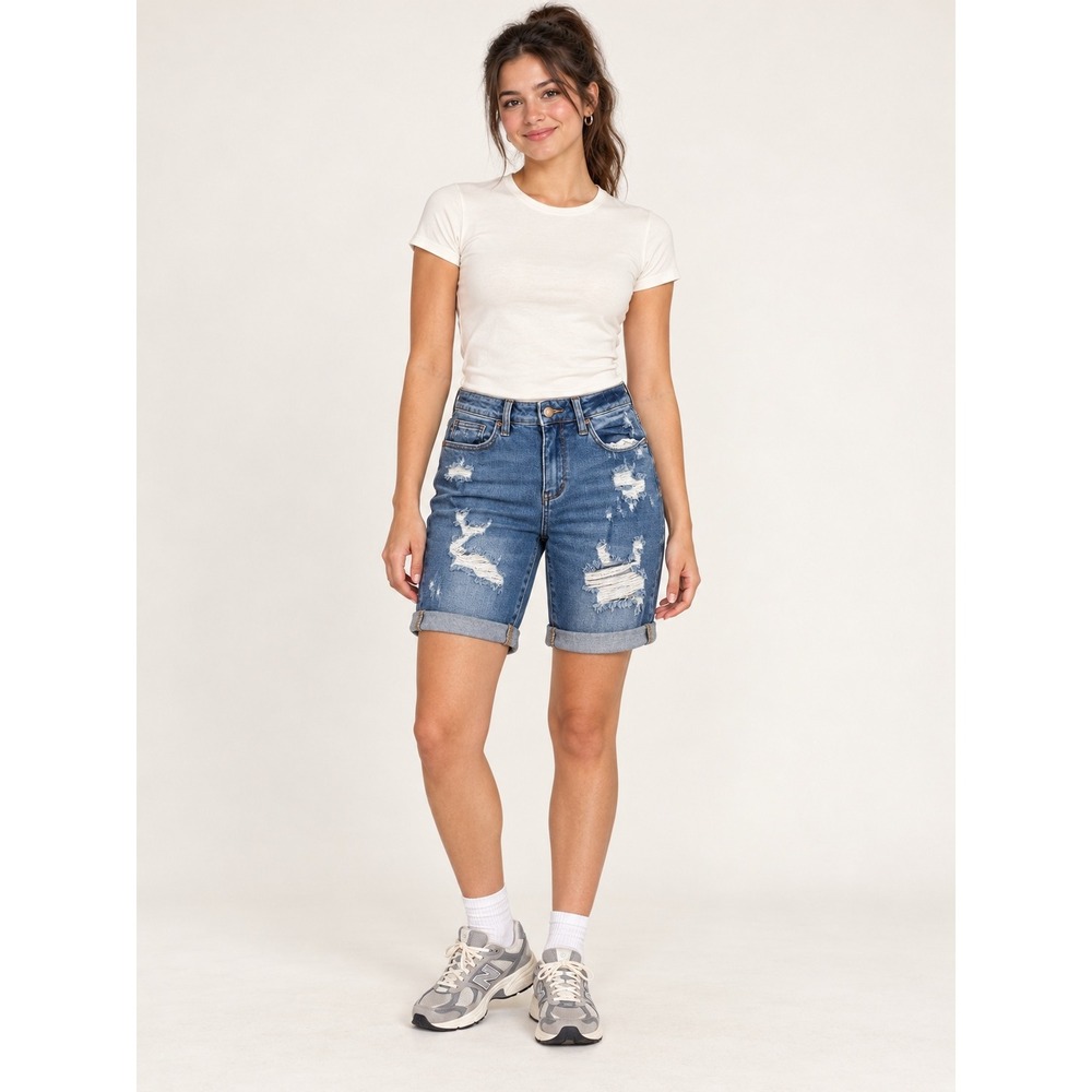 Judy Blue Distressed Denim Shorts Medium Wash High Rise Cuffed Bermuda Size M